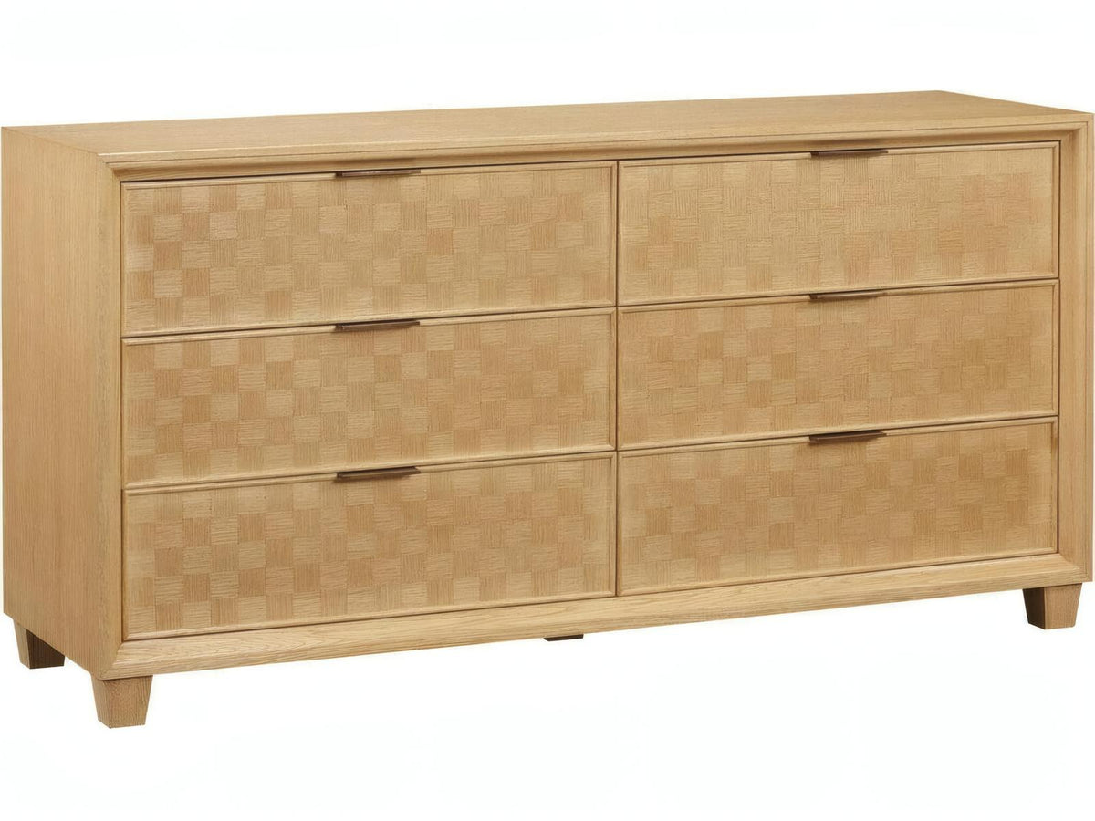 Basket 6-Drawer Double Dresser in Brown Oak Wood