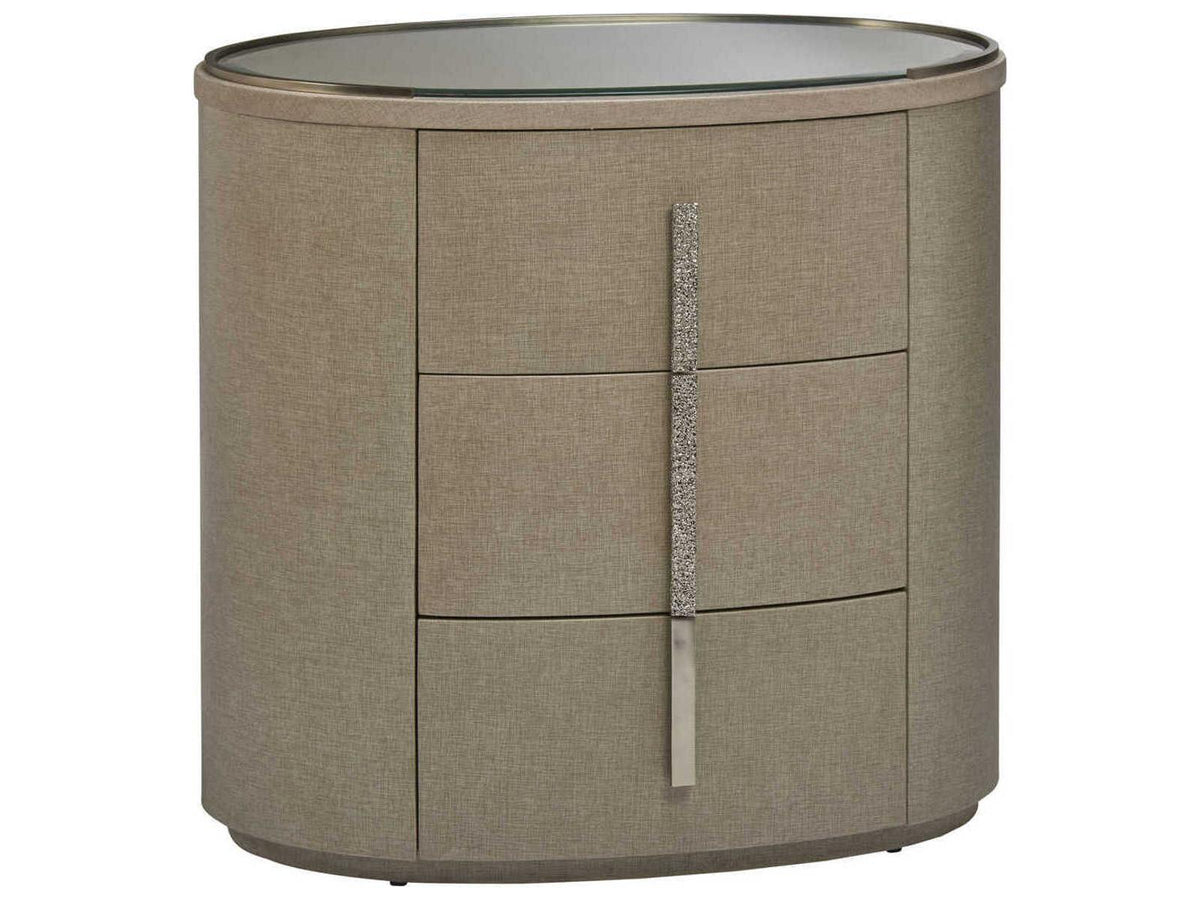 Ensemble Oval Nightstand with 3 Drawers in Mahogany and Beige Linen