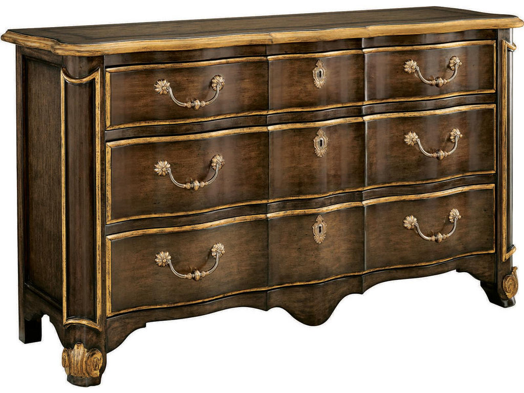 Aria 3-Drawer Mahogany Wood Dresser with Aged Gold Trim