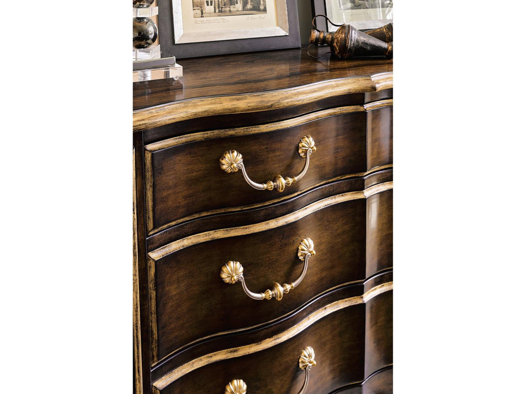 Aria 3-Drawer Mahogany Wood Dresser with Aged Gold Trim