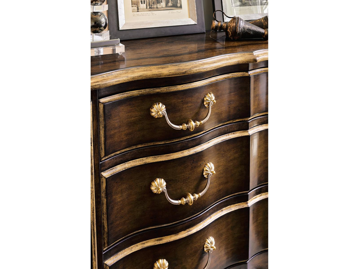 Aria 3-Drawer Mahogany Wood Dresser with Aged Gold Trim