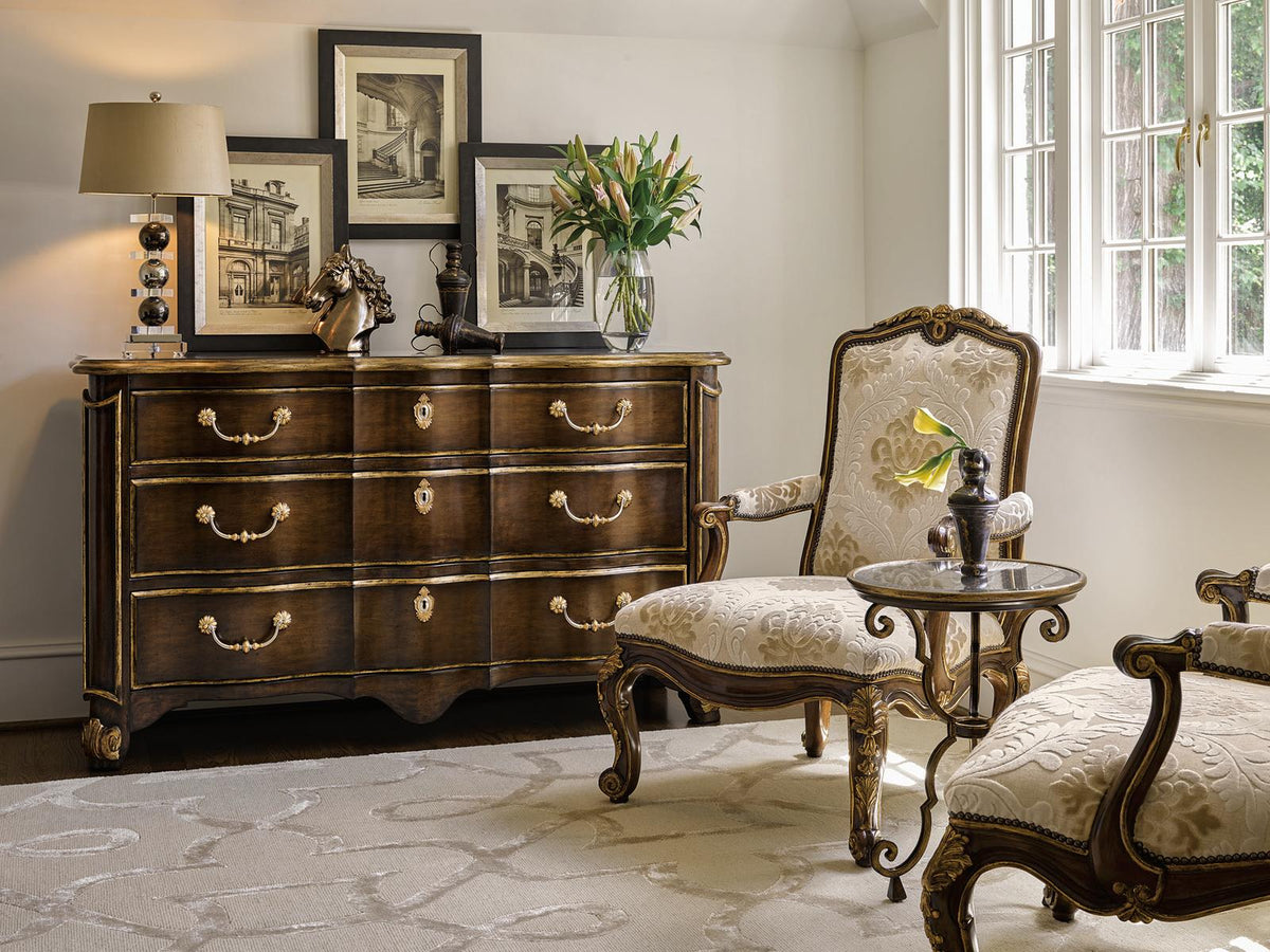 Aria 3-Drawer Mahogany Wood Dresser with Aged Gold Trim