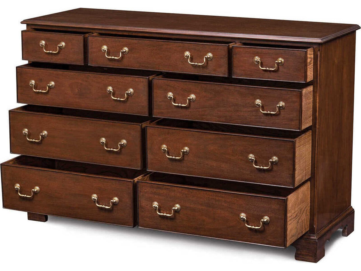 Einfalt 9-Drawer Double Dresser in Brown Mahogany with Brass Handles
