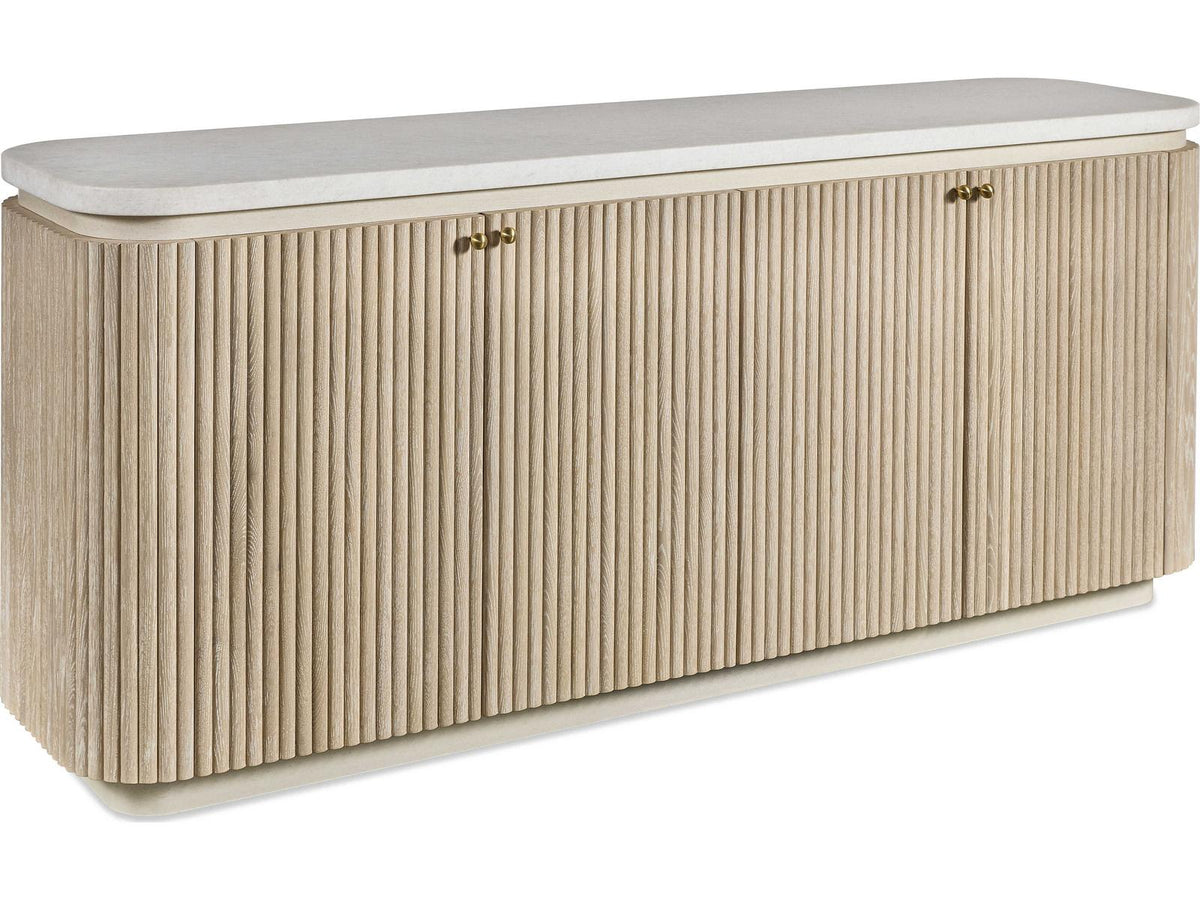 Morghan 84 Inch Media Console with Tambour Oak Doors and White Marble Top