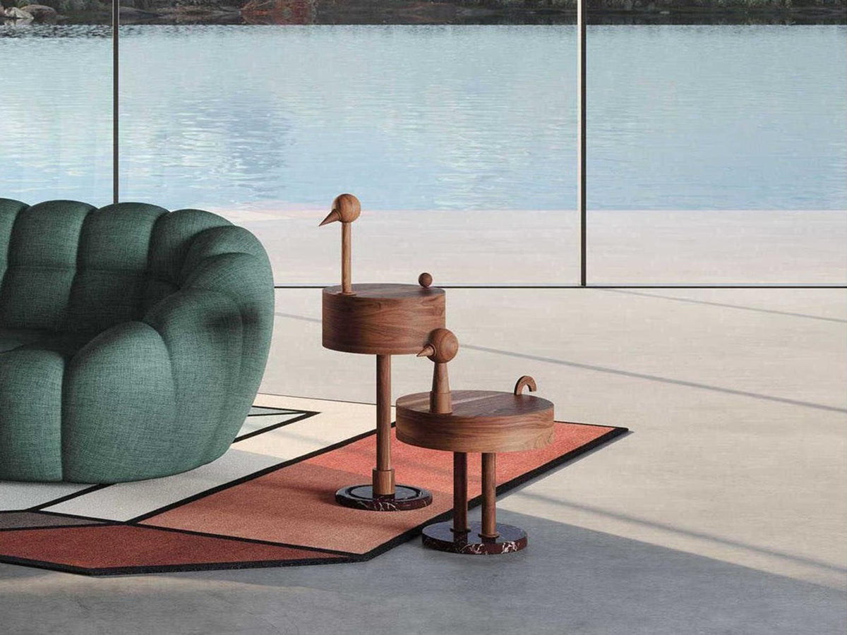 Rara Avis Round End Table in Walnut with Rosso Levanto Marble Base