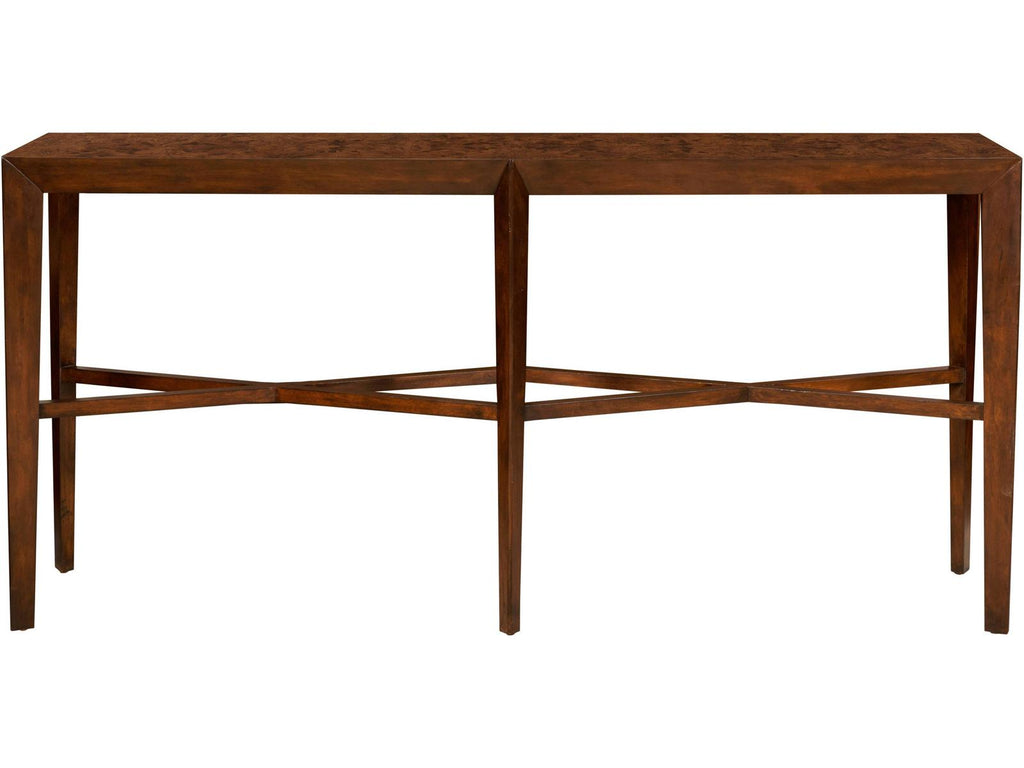 Modern Rectangular Ash Burl Mahogany Console Table with X Stretcher