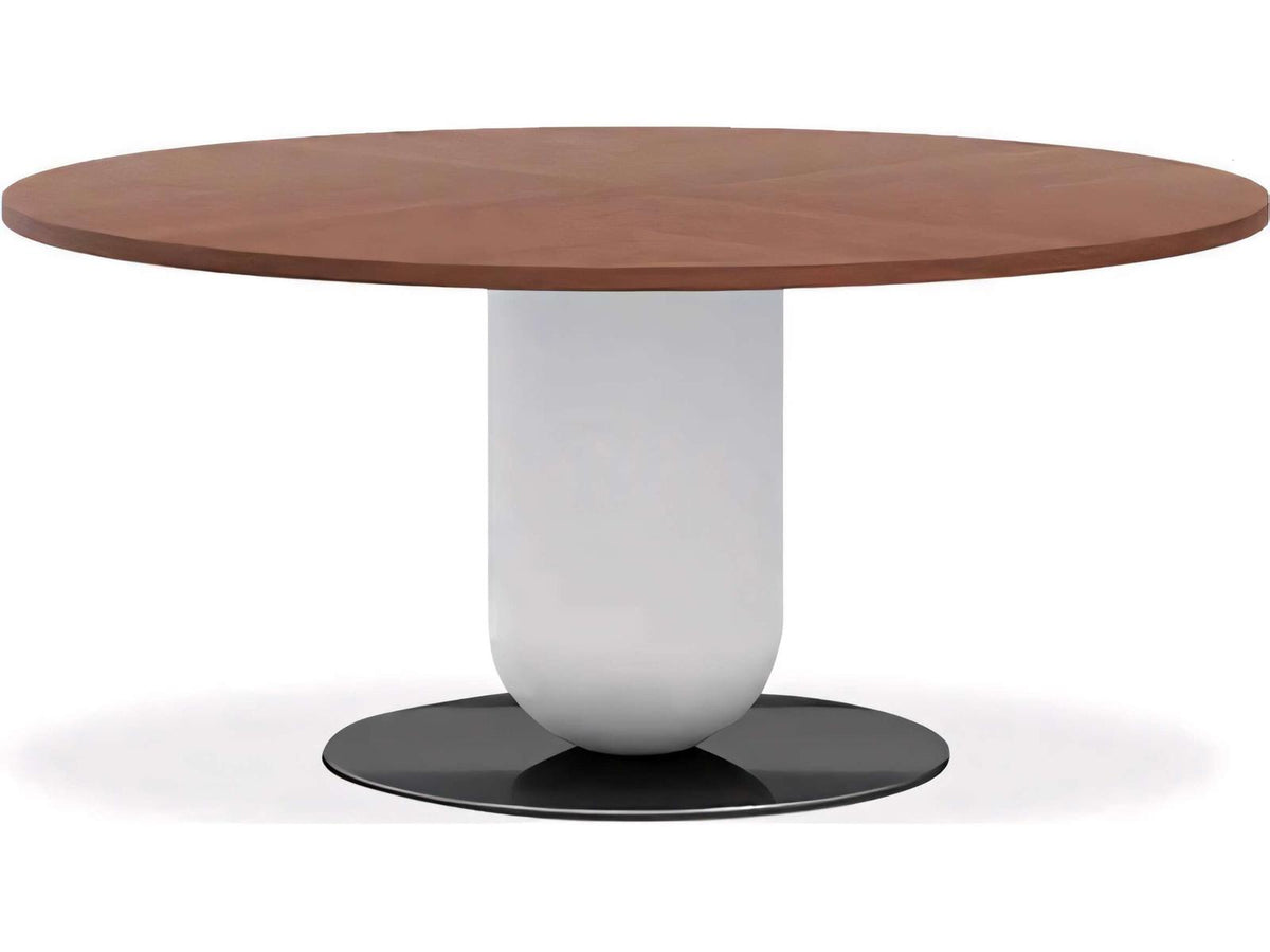 Ettore Round Wood Walnut Dining Table with Fog Grey and Glossy Titanium Base