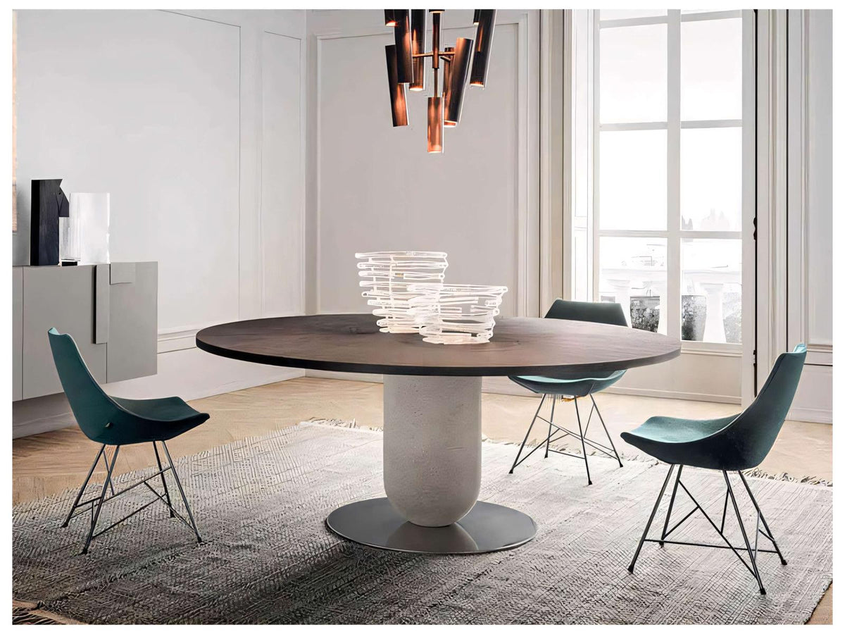 Ettore Round Wood Walnut Dining Table with Fog Grey and Glossy Titanium Base