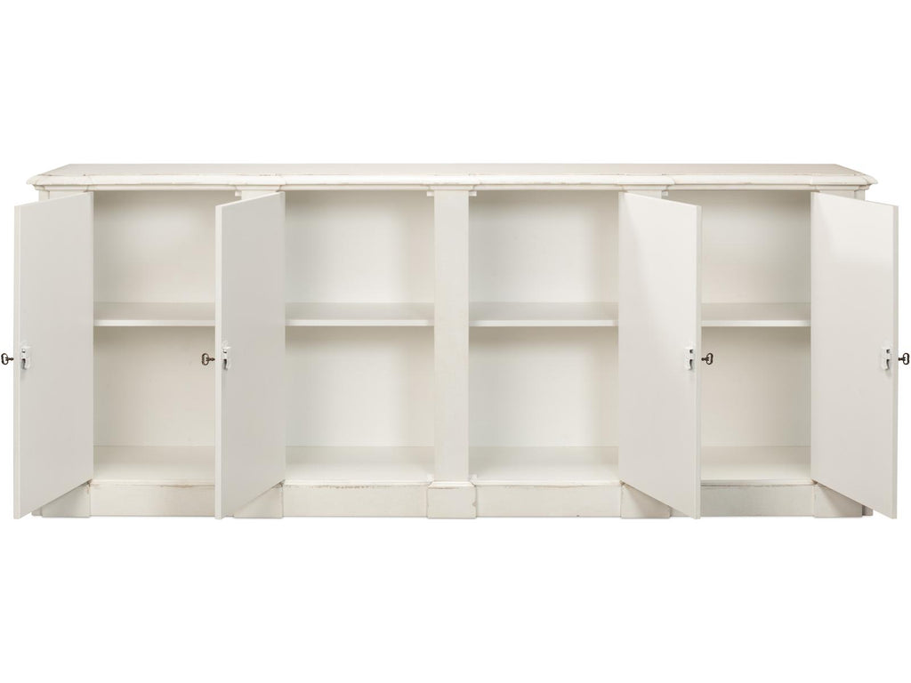 Crested Solid Pine Wall Cabinet with White Finish and Decorative Emblems