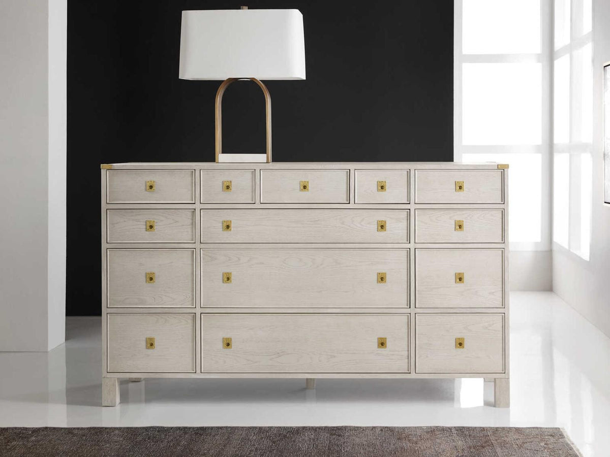 Windward 14-Drawer Dresser in White Oak with Antique Brass Hardware