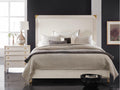 Windward Upholstered Queen Platform Bed in Cottage White with Brass Accents