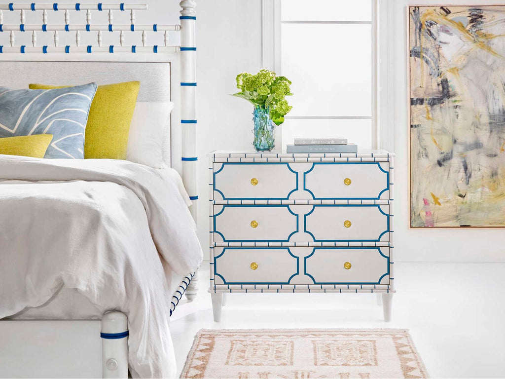 Greenwich Three-Drawer Bedside Chest in Powdered Sugar with Harbor Blue Accent