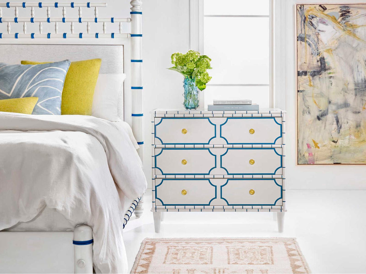 Greenwich Three-Drawer Bedside Chest in Powdered Sugar with Harbor Blue Accent