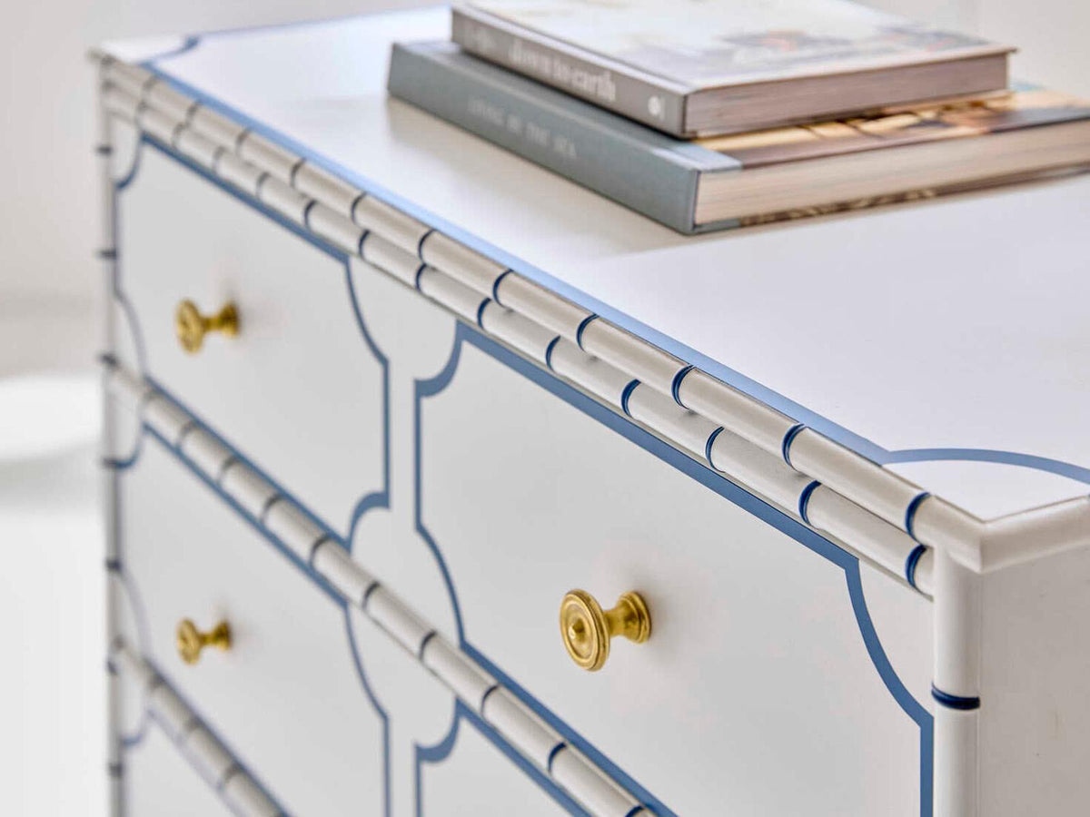 Greenwich Three-Drawer Bedside Chest in Powdered Sugar with Harbor Blue Accent