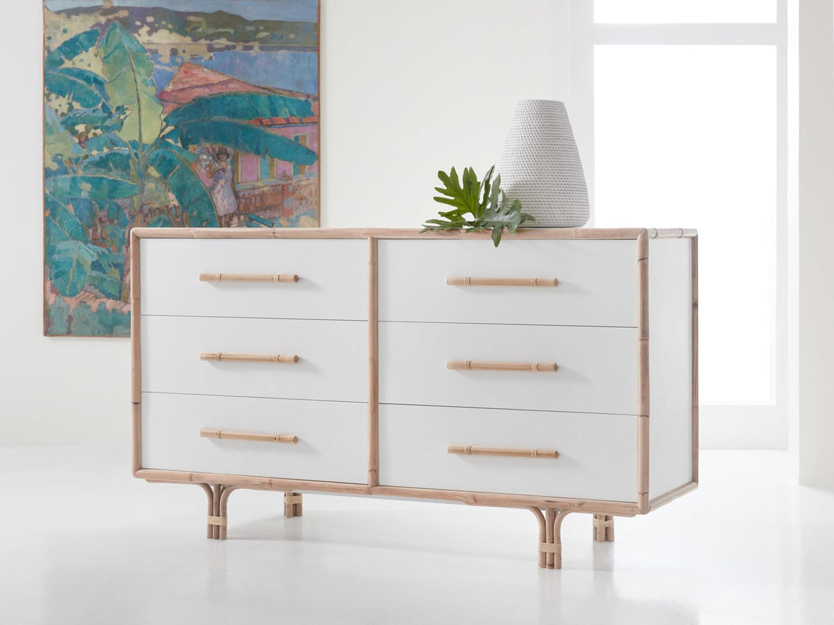 Bamboo 6-Drawer Double Dresser in White with Bamboo Accents