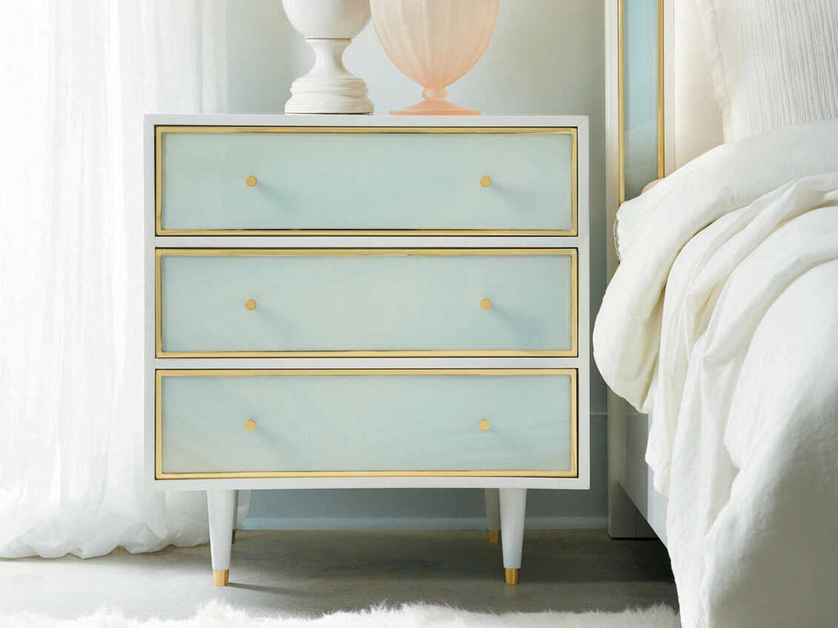 Seaglass 3-Drawer Nightstand White Mahogany and Brass