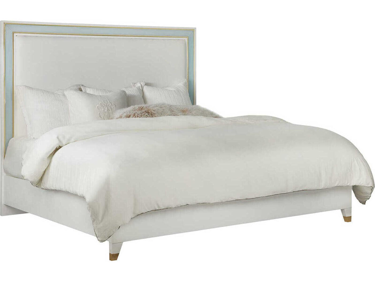 Seaglass Queen Platform Bed with Brass Trim and White Linen Upholstery