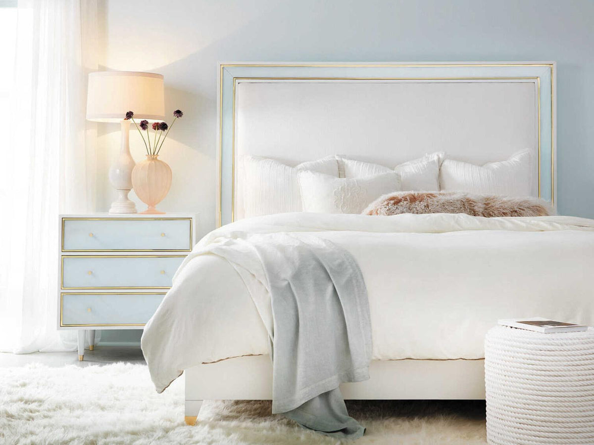 Seaglass Queen Platform Bed with Brass Trim and White Linen Upholstery