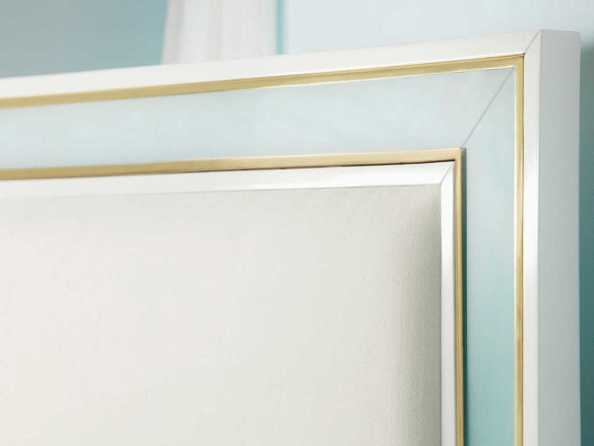 Seaglass Queen Platform Bed with Brass Trim and White Linen Upholstery