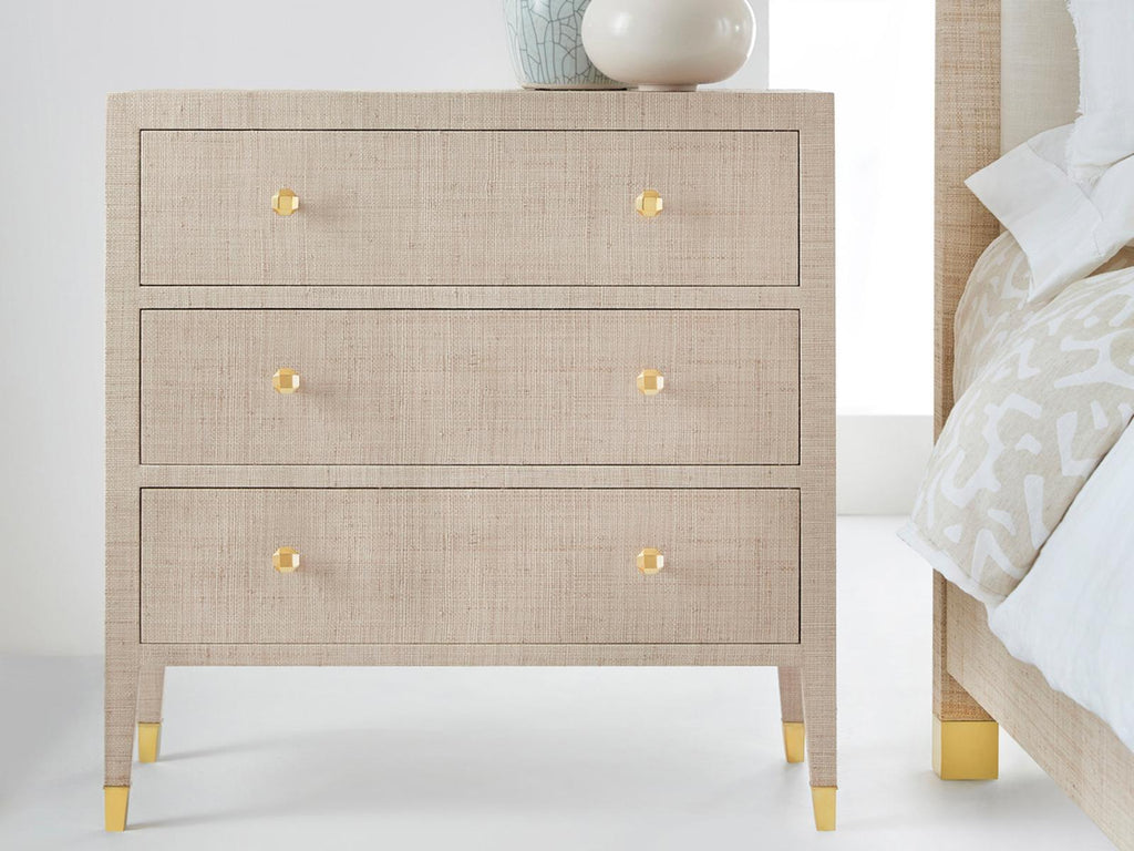 Palmetto 3-Drawer Nightstand with Beige Rattan and Brass Accents