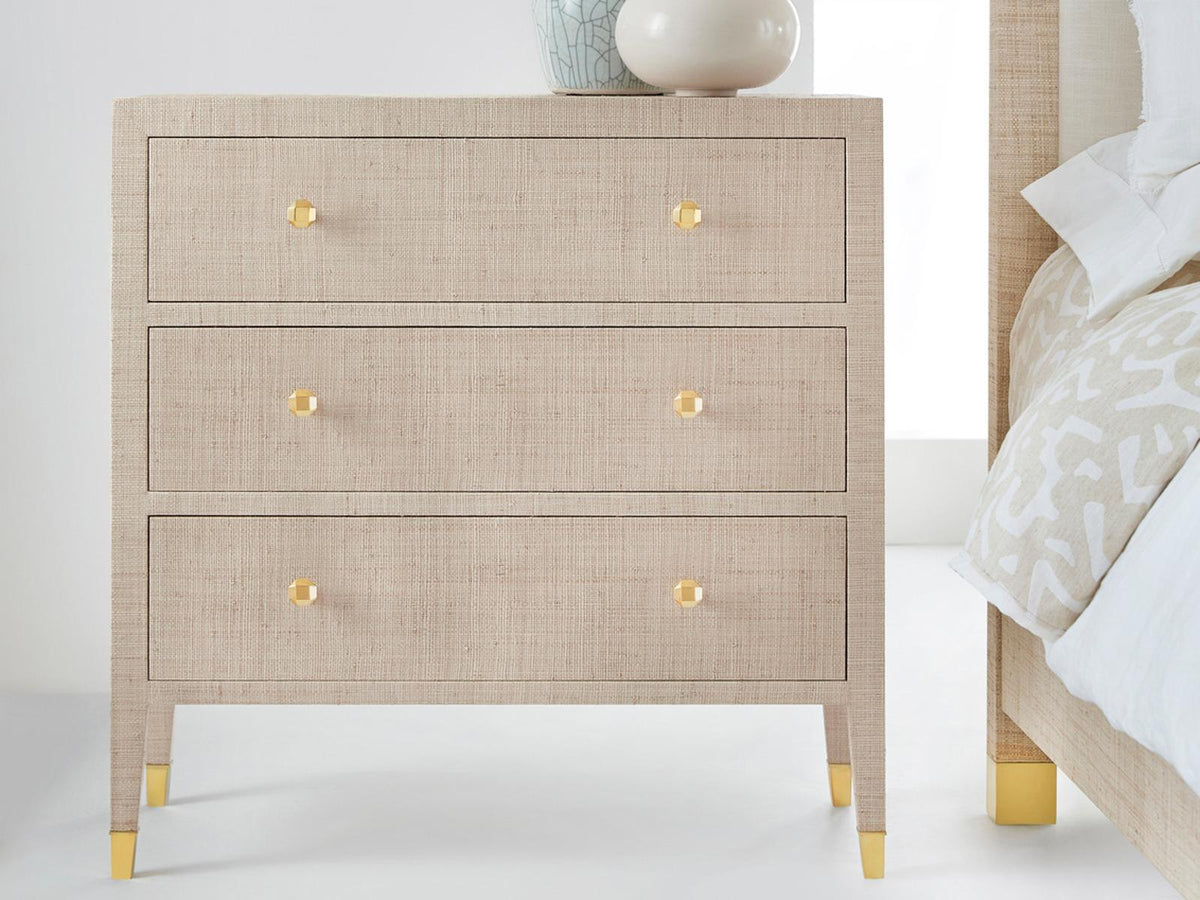 Palmetto 3-Drawer Nightstand with Beige Rattan and Brass Accents