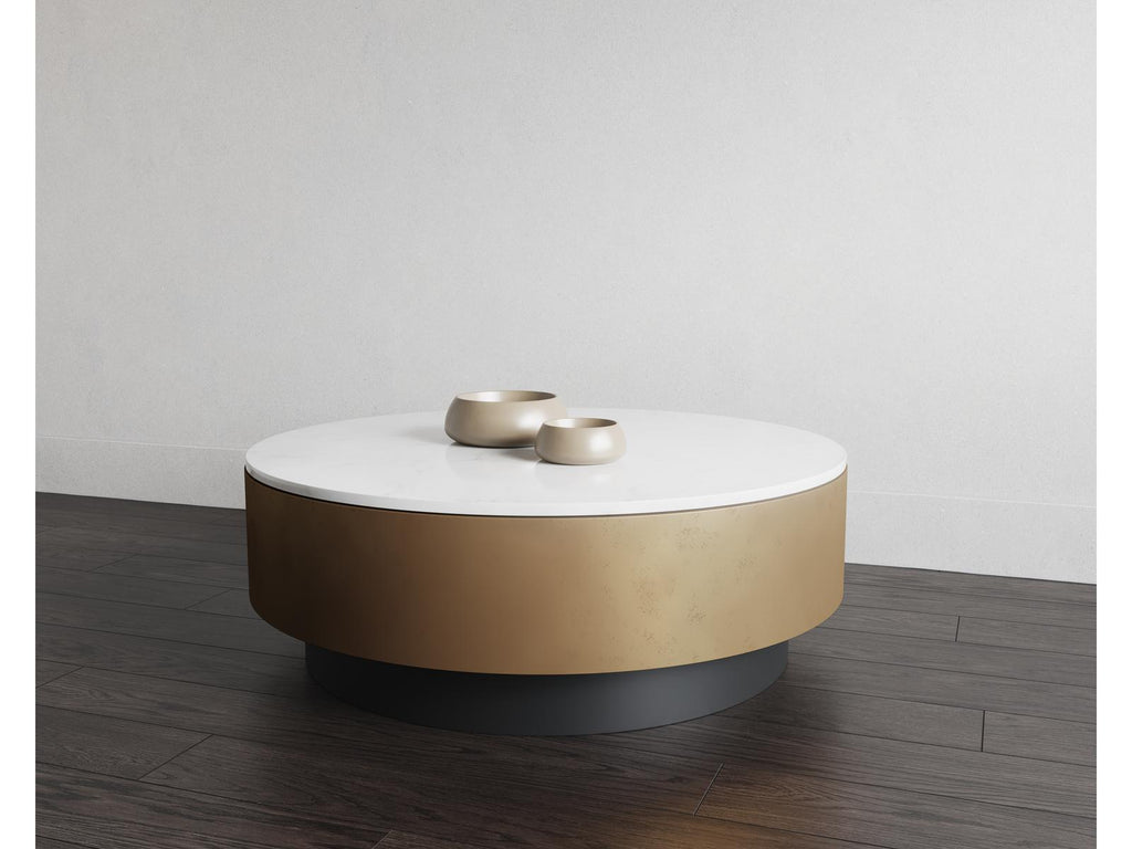 Zelda Round Coffee Table with White Marble and Antique Brass Base