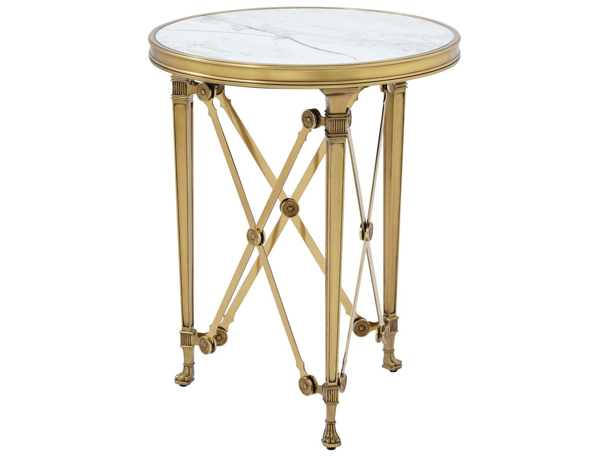 Spencer London Round Brass and Quartz End Table in White and Cannes Brass