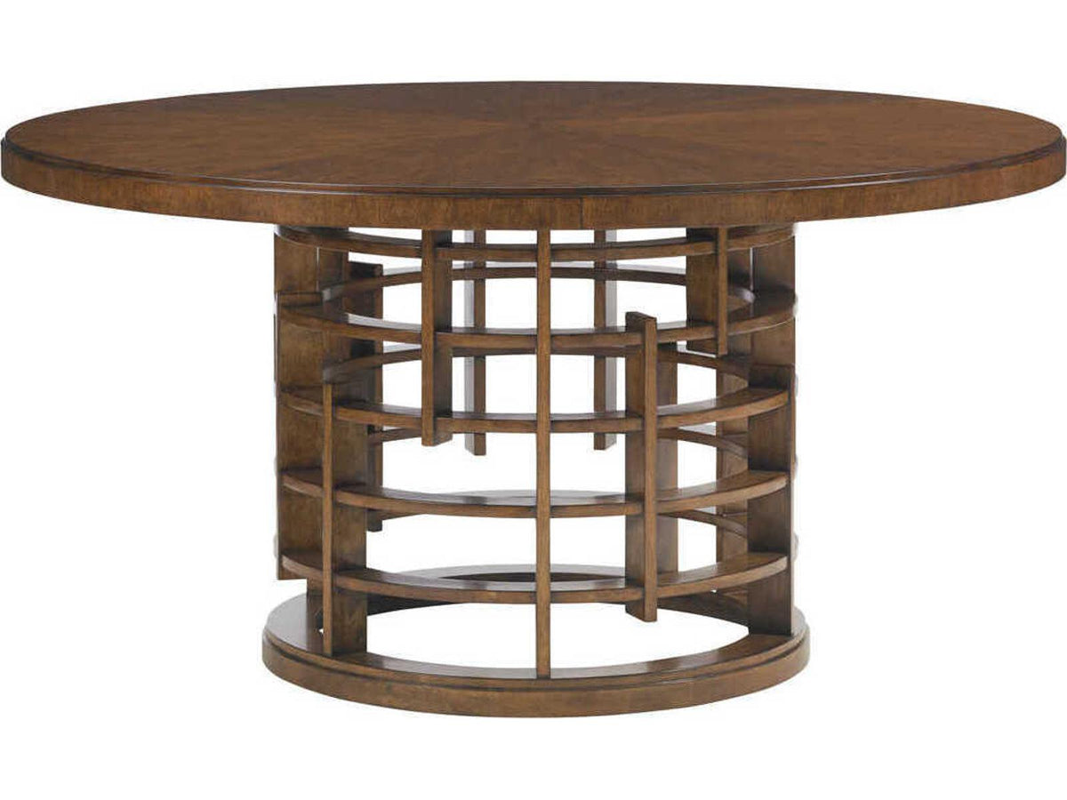 Home Island Fusion Round Dining Table 60 Inch with Wooden Top Dark Walnut