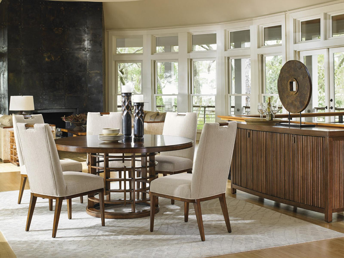 Home Island Fusion Round Dining Table 60 Inch with Wooden Top Dark Walnut