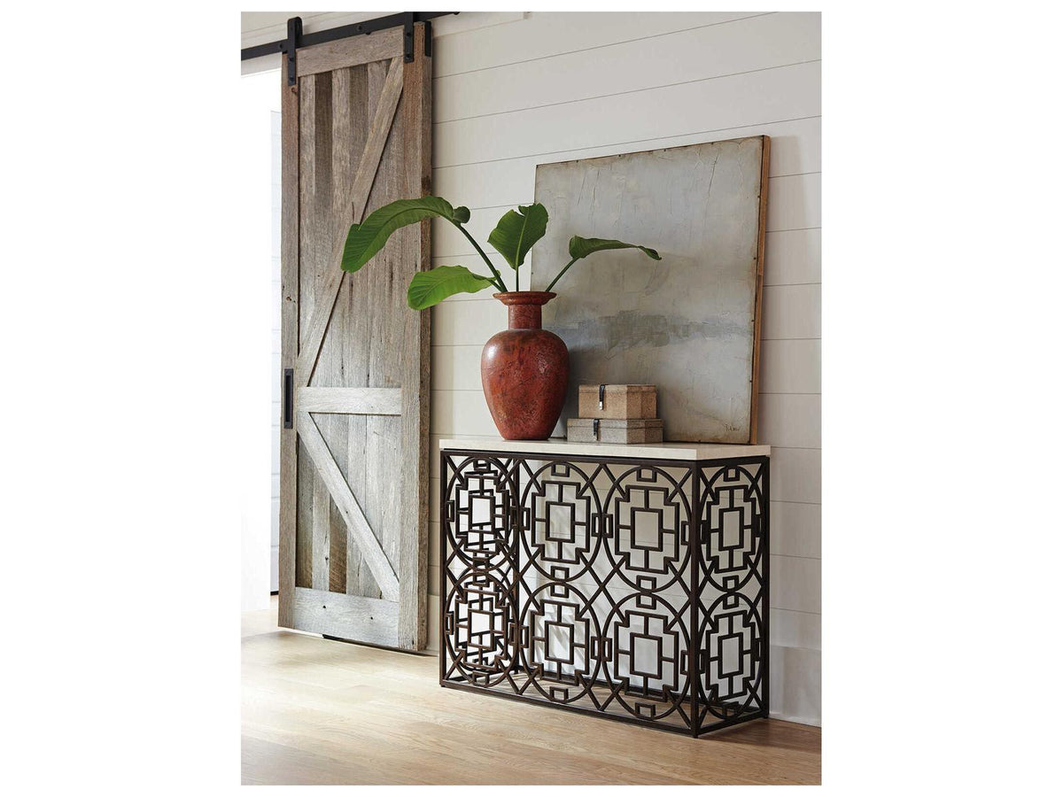 Los Altos Ackermann Console Table with Travertine Top and Aged Bronze Base