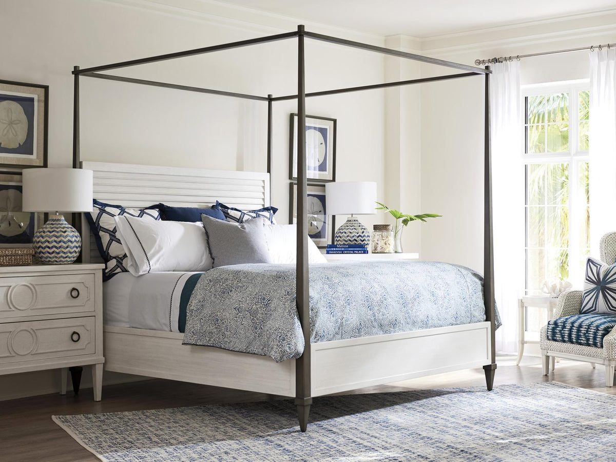 Ocean Breeze Coral Gables King Poster Bed in Shell White Wood and Aged Pewter