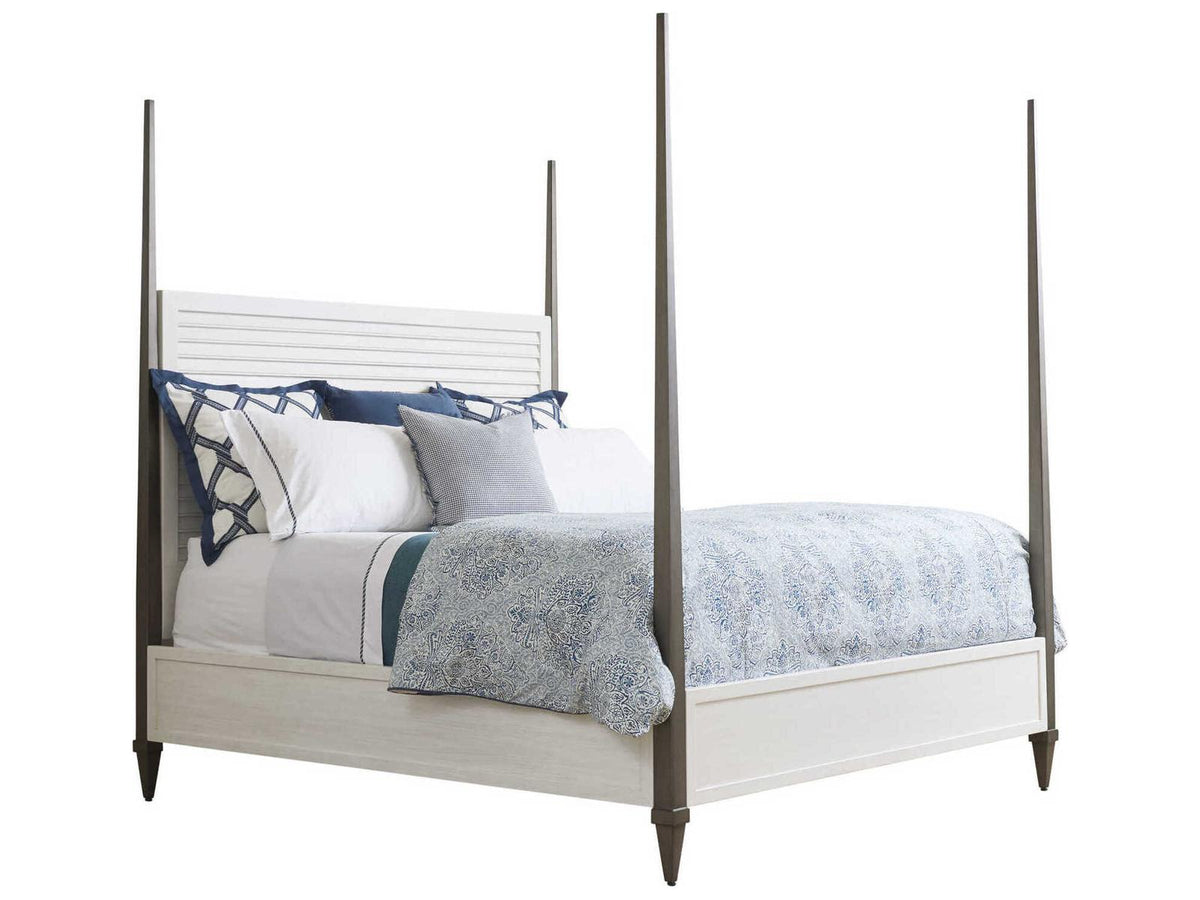 Ocean Breeze Coral Gables King Poster Bed in Shell White Wood and Aged Pewter