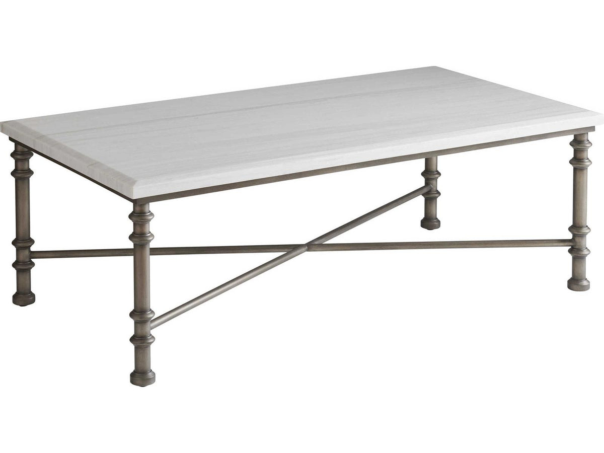 Ocean Breeze Flagler Rectangular Coffee Table in White Marble and Pewter
