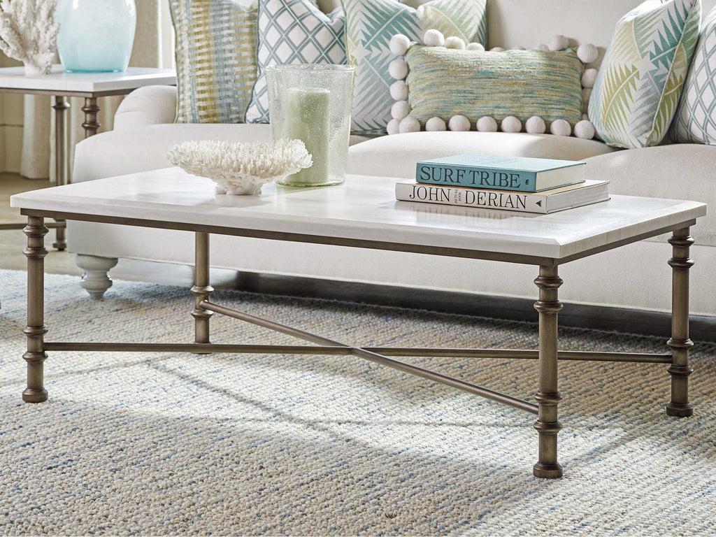 Ocean Breeze Flagler Rectangular Coffee Table in White Marble and Pewter