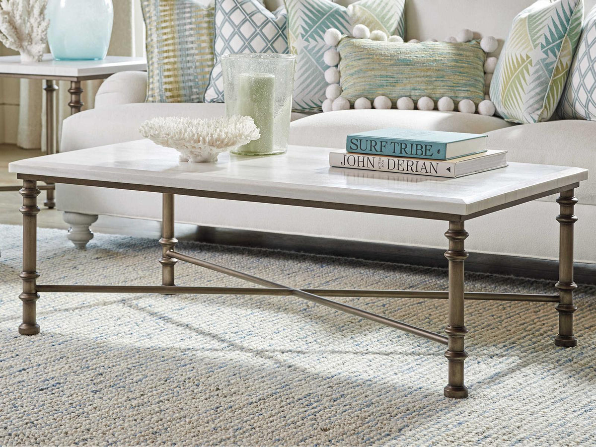 Ocean Breeze Flagler Rectangular Coffee Table in White Marble and Pewter