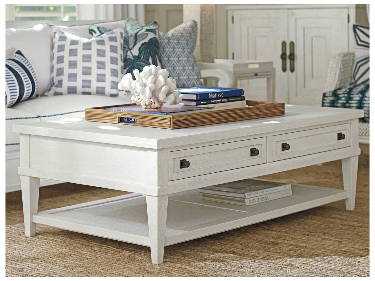 Ocean Breeze Palm Coast Rectangular Coffee Table in Sand with Raffia Shelf