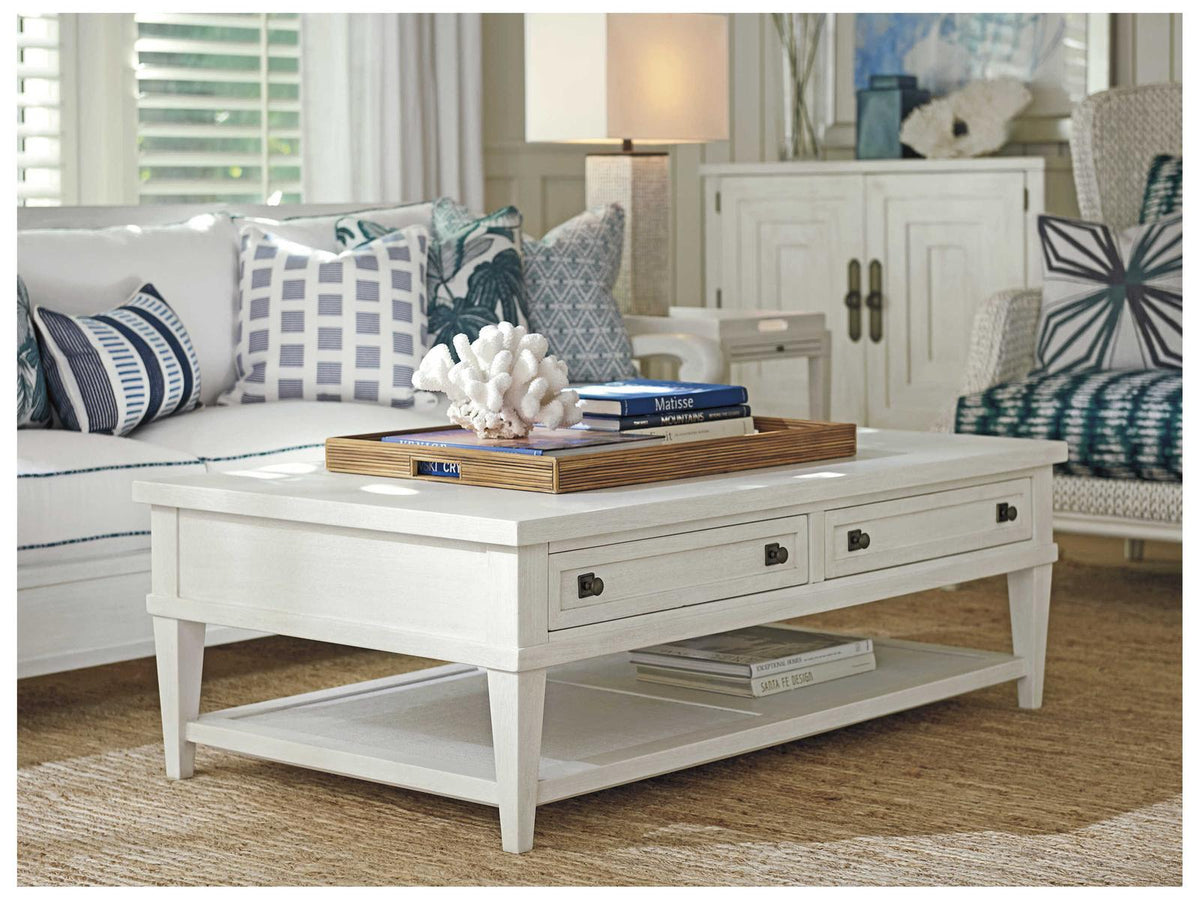 Ocean Breeze Palm Coast Rectangular Coffee Table in Sand with Raffia Shelf