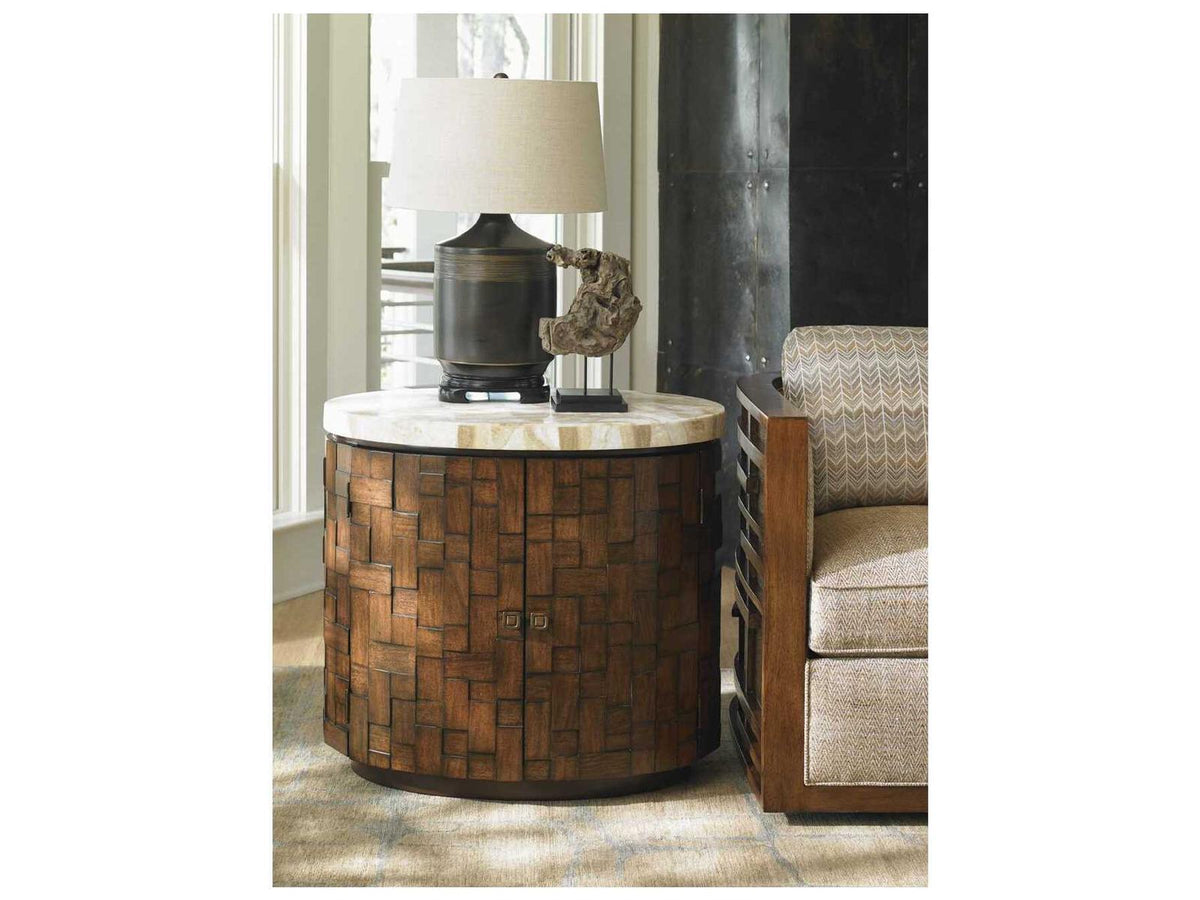 Island Fusion Banyan Oval Accent Table with Stone Top and Dark Walnut Finish