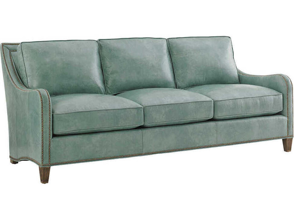 Twin Palms Koko 3-Seat Blue Leather Sofa with Old Brass Nailhead Trim