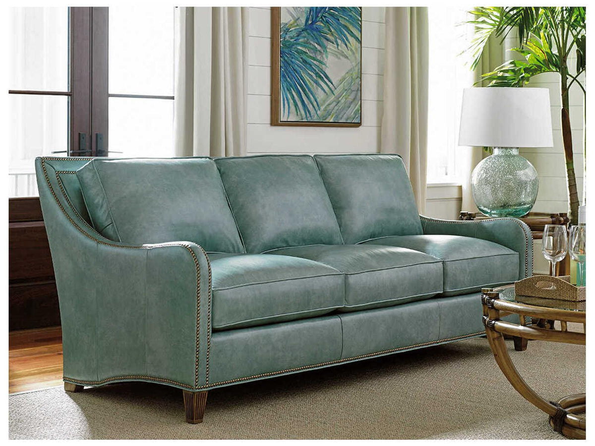 Twin Palms Koko 3-Seat Blue Leather Sofa with Old Brass Nailhead Trim