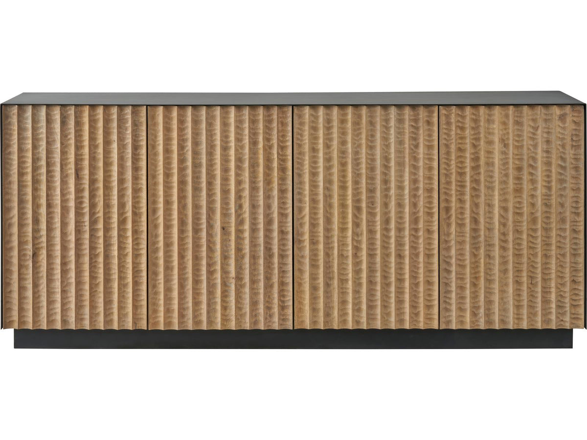 Modern Noir Credenza with Carved Wood Doors and Iron Frame