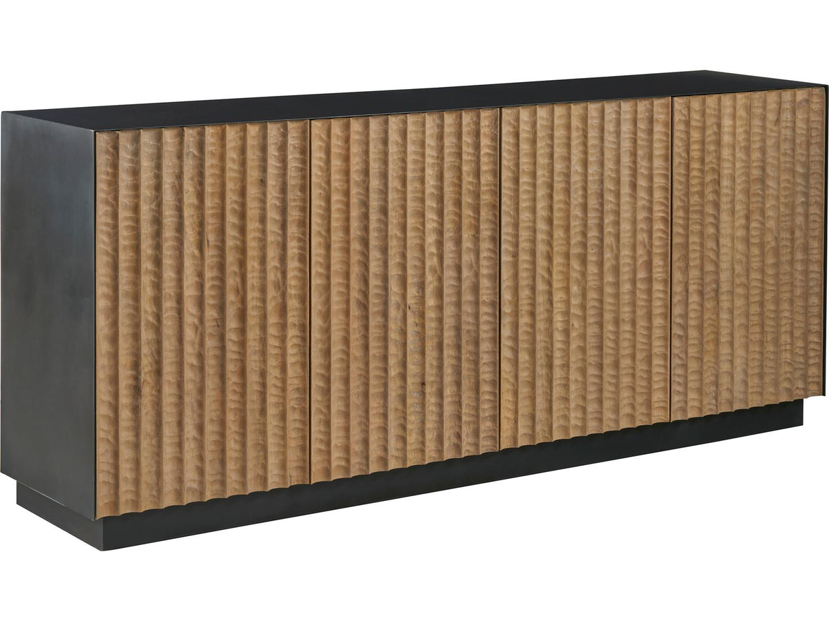 Modern Noir Credenza with Carved Wood Doors and Iron Frame