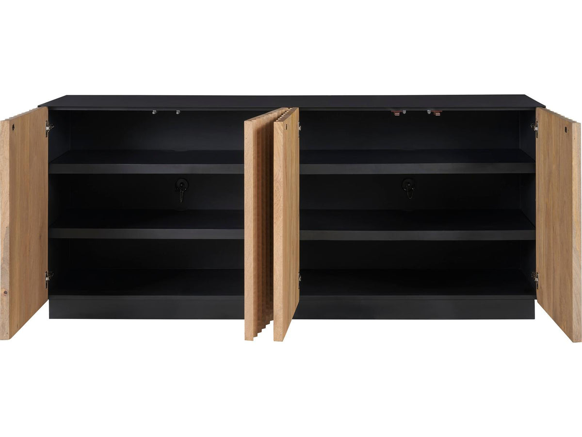 Modern Noir Credenza with Carved Wood Doors and Iron Frame