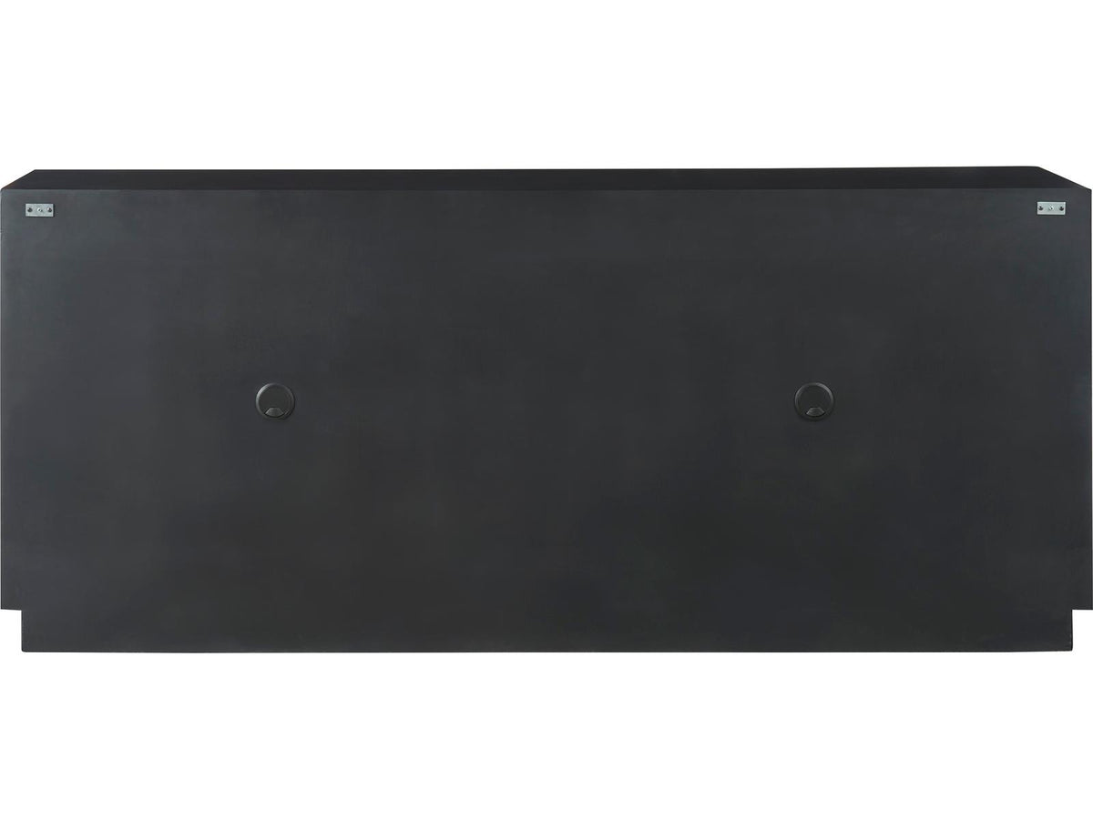 Modern Noir Credenza with Carved Wood Doors and Iron Frame