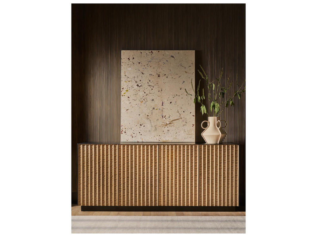 Modern Noir Credenza with Carved Wood Doors and Iron Frame