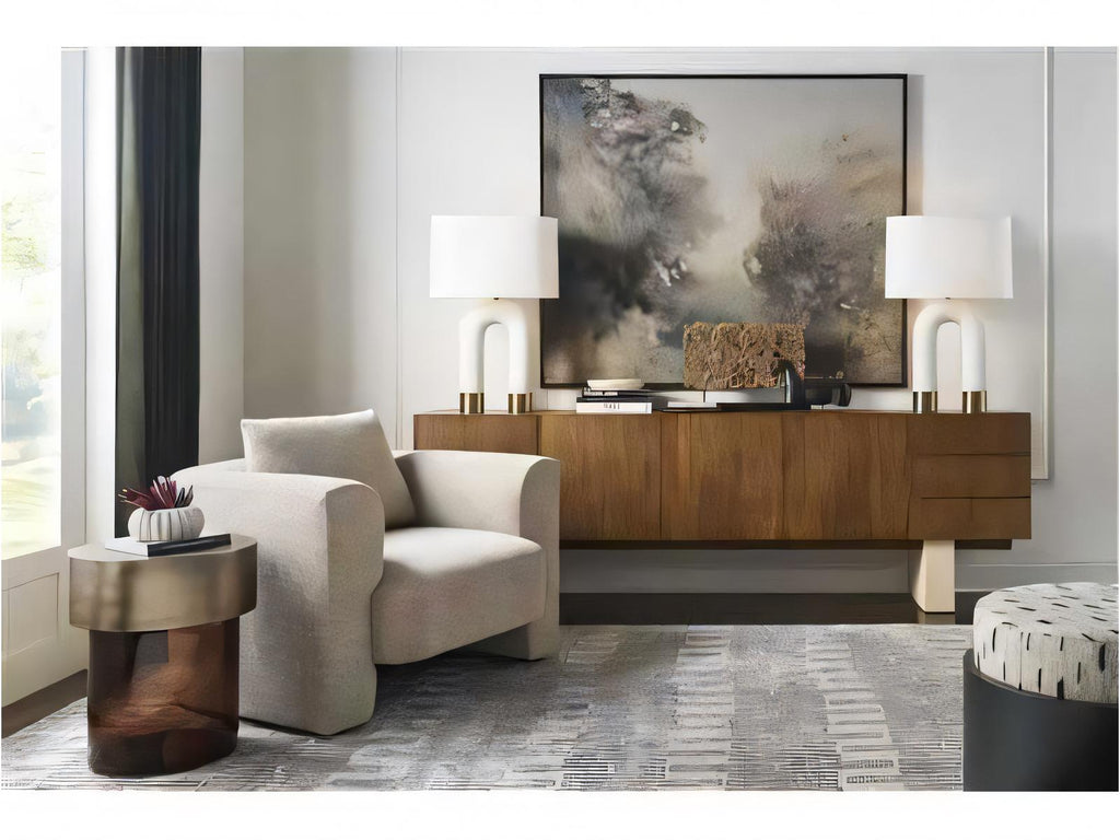 Edge Buffet in Camel with Travertine Base and Satin Brass Accents