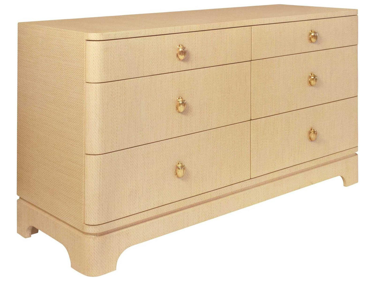 Kilmer Six-Drawer Dresser in Natural Grasscloth with Brass Beetle Knobs