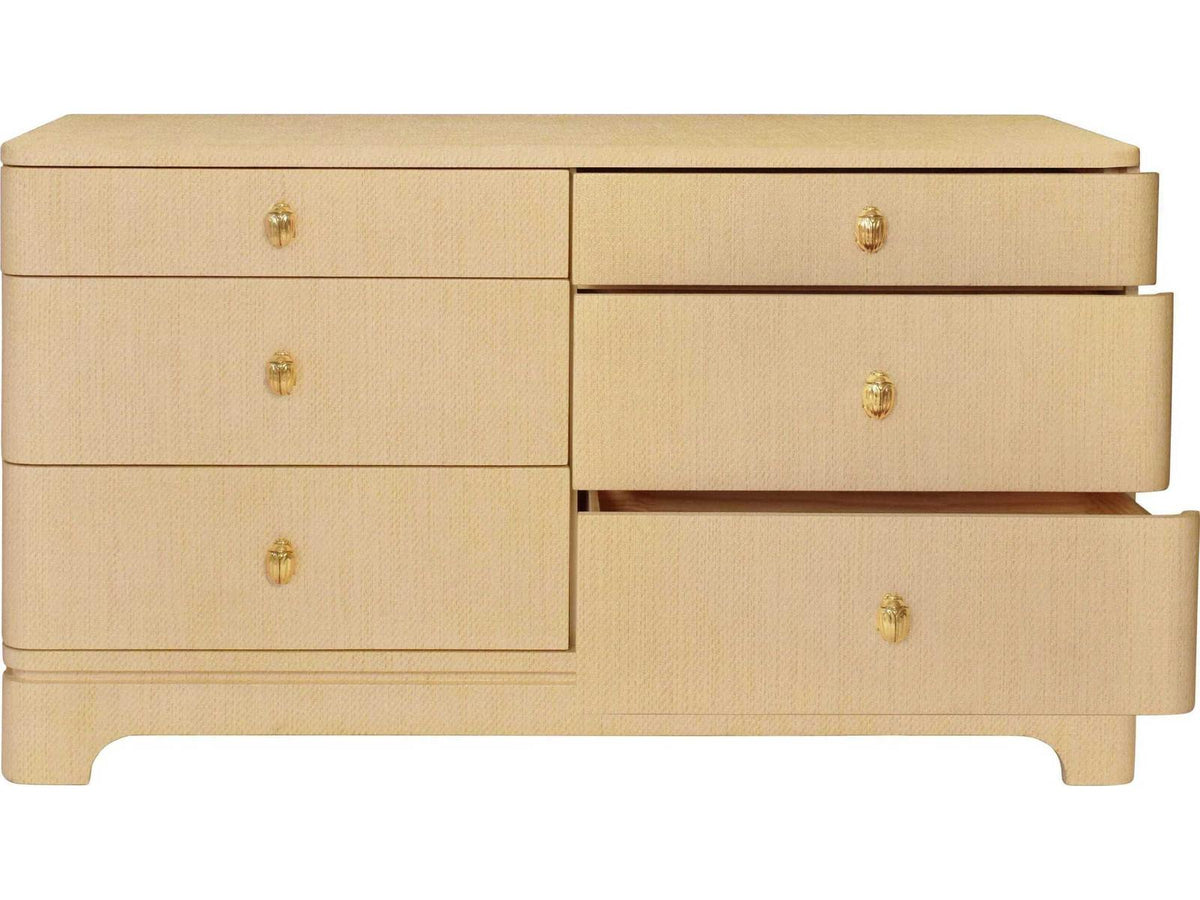 Kilmer Six-Drawer Dresser in Natural Grasscloth with Brass Beetle Knobs