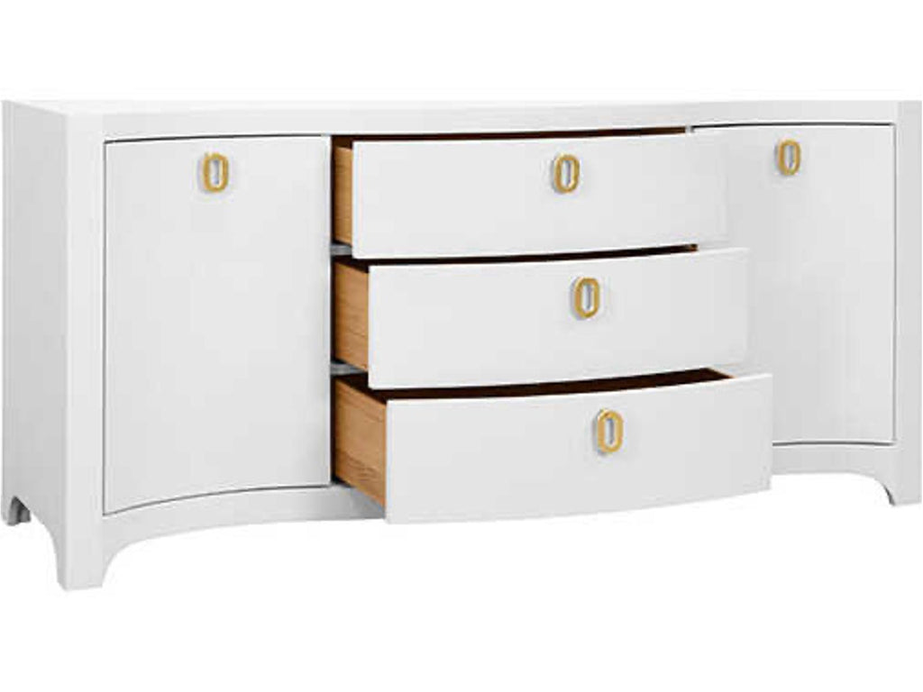 Paulina 2 Door 3 Drawer Textured Linen Buffet in White with Brass Pulls