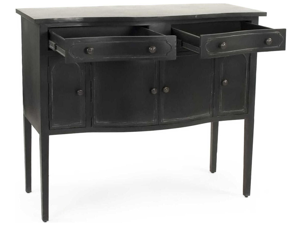 Corbyn Metal Console Table with Double Drawers and Shelves in Antique Black